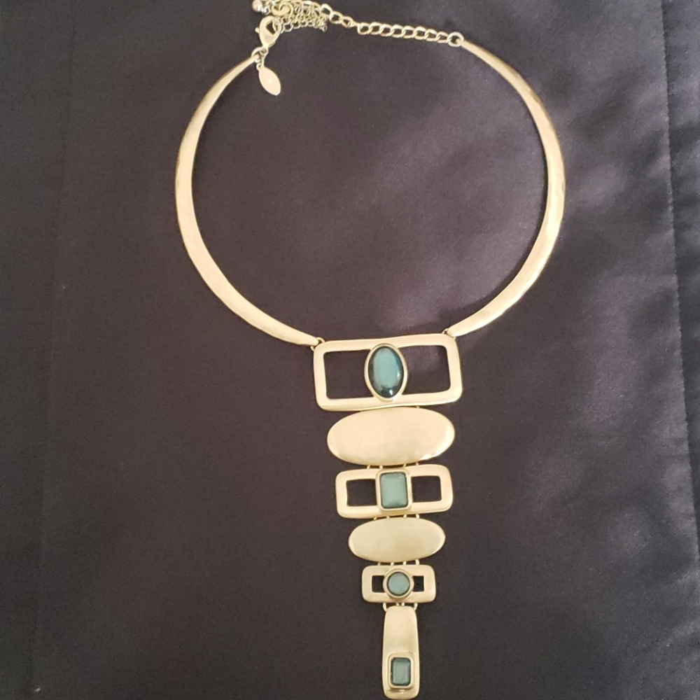 Chico's gold with teal stones statement necklace